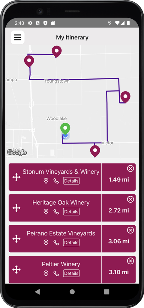 An image of a phone running the Lodi Tasting app on the interactive tasting map screen